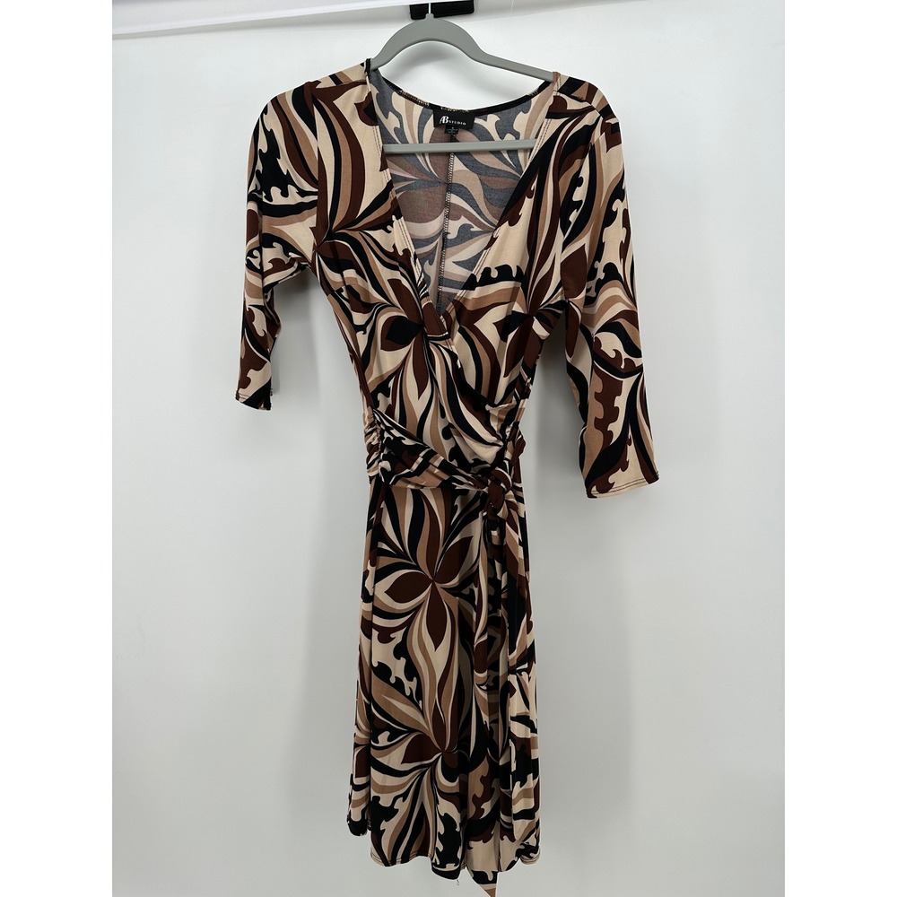 AB Studio Womens Brown Abstract Swirl Faux Wrap Dress V-Neck 3/4 Sleeve Small